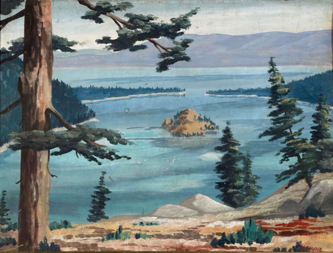 Edgar Alwin Payne (California, 1883-1947), Emerald Bay, Lake Tahoe, Oil On Canvas Laid To Board: Edgar Alwin Payne (California, 1883-1947), Emerald Bay, Lake Tahoe, Oil On Canvas Laid To Board. California landscape depicting Emerald Bay with Fannette Island, framed by pine trees and overlooking t