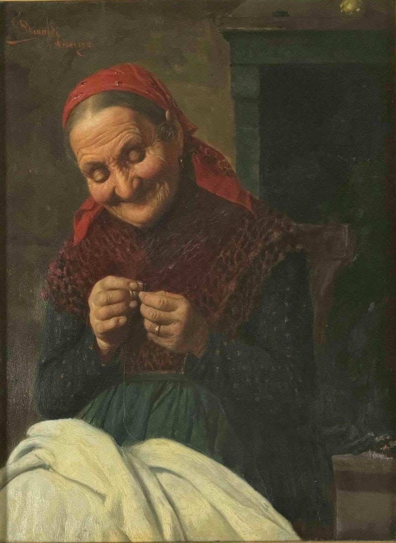 Claudio Rinaldi (Italian, 1852-1925), Old Woman Sewing, Oil On Canvas (1 of 10)