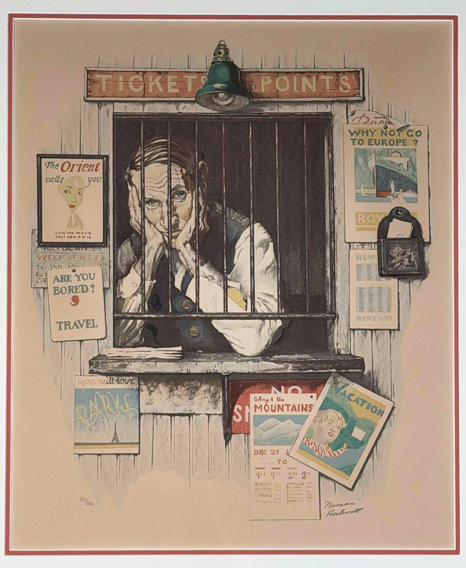 Norman Rockwell, The Ticket Seller, Lithograph On Paper: Norman Rockwell, The Ticket Seller, Lithograph On Paper. Pencil signed lower right. Edition 82/200. Frame approximately 34.62H x 30.87W x 1.25D in. Image approximately 21.5H x 18.25W in.