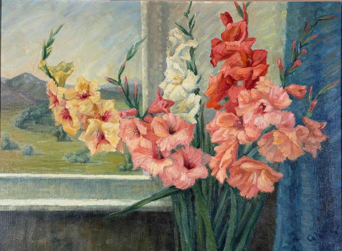 Gertrude Knopp (American, 20th C.), Still Life With Gladiolus, Oil On Canvas: Gertrude Knopp (American, 20th C.), Still Life With Gladiolus, Oil On Canvas. Signed "G. Knopp" lower right. Frame approximately 25.75H x 33.62W x 2.0D in. Sight approximately 21.5H x 29.12W in.