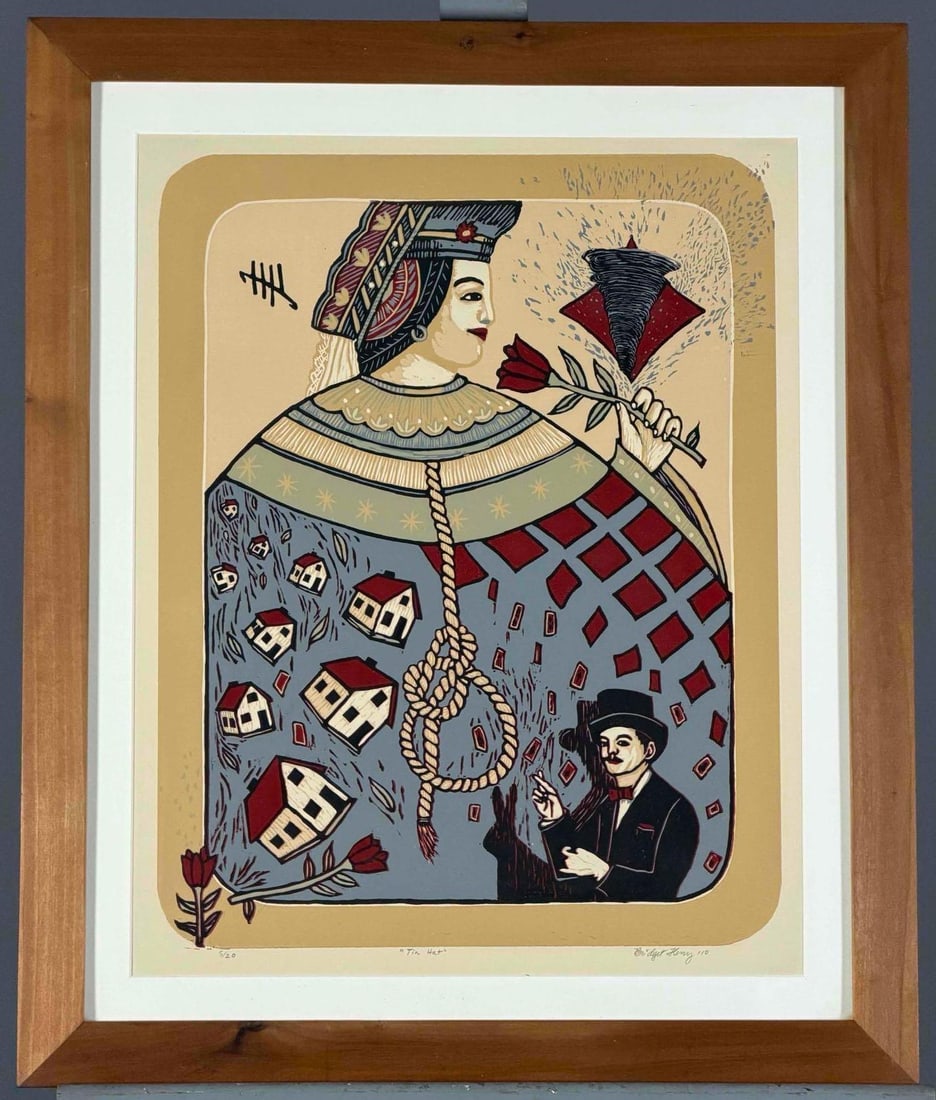 Bridget Mary Henry (California, Contemporary), Tin Hat, Woodcut Print On Paper: Bridget Mary Henry (California, Contemporary), Tin Hat, Woodcut Print On Paper. Signed, dated "'10" and titled lower margin. Edition 5/20. Frame approximately 24.0H x 20.0W x 0.75D in. Image approxima