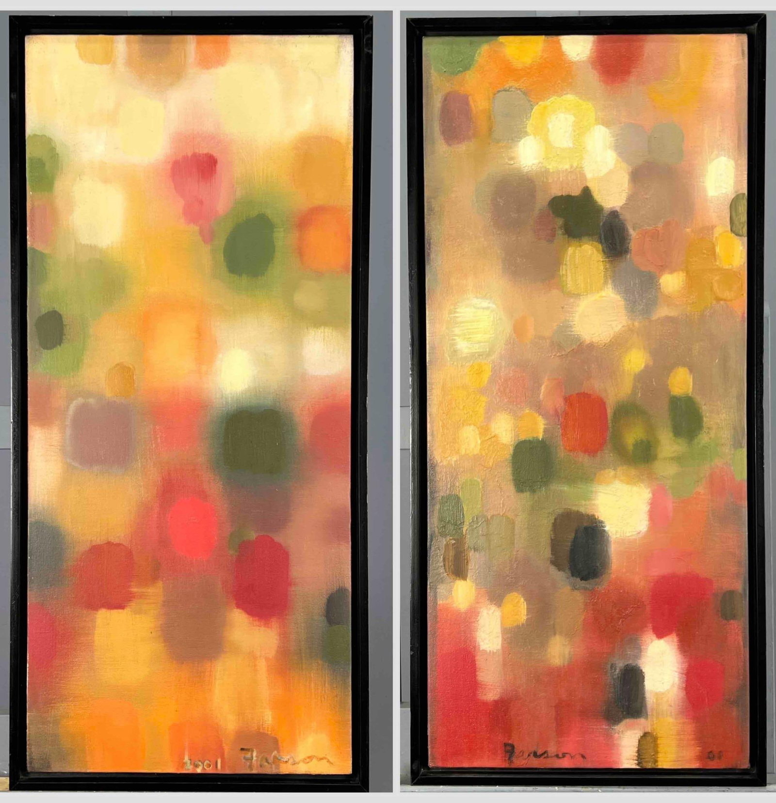 Jeremy Farson (California, Contemporary), Abstract Diptych, Oil On Canvas: Jeremy Farson (California, Contemporary), Abstract Diptych, Oil On Canvas Mounted to Board. Signed lower right and lower center. Each dated 2001. Each, as framed, approximately 33.5H x 15.625W x 2.5D 