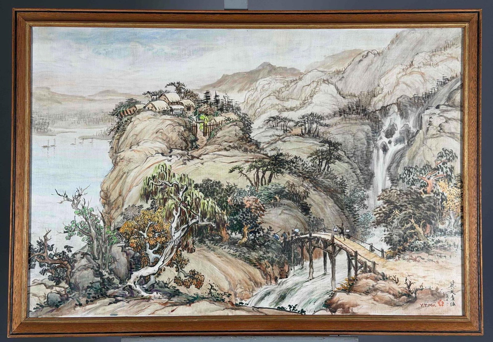 Yue Tin Mui (Chinese, 1892-1985), Landscape With Waterfall, Acrylic On Canvas: Yue Tin Mui (Chinese, 1892-1985), Landscape With Waterfall, Acrylic On Canvas. Signed "Y.T. Mui" lower right. Frame approximately 27.12H x 39.25W x 1.5D in. Sight approximately 23.75H x 35.62W in.