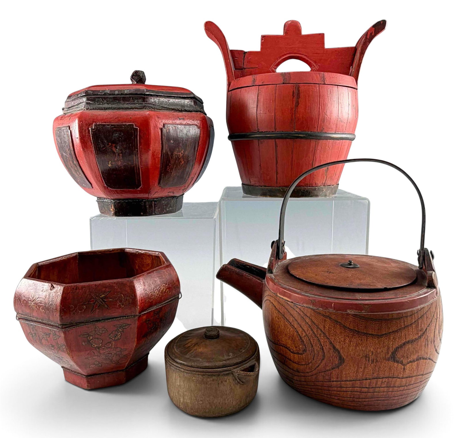 Grouping Of Asian Lacquerware & Wood Items: Grouping Of Asian Lacquerware & Wood Items. Largest approximately 9.62H x 10.0W x 7.75D in. Smallest approximately 2.75H x 4.75W x 4.12D in.