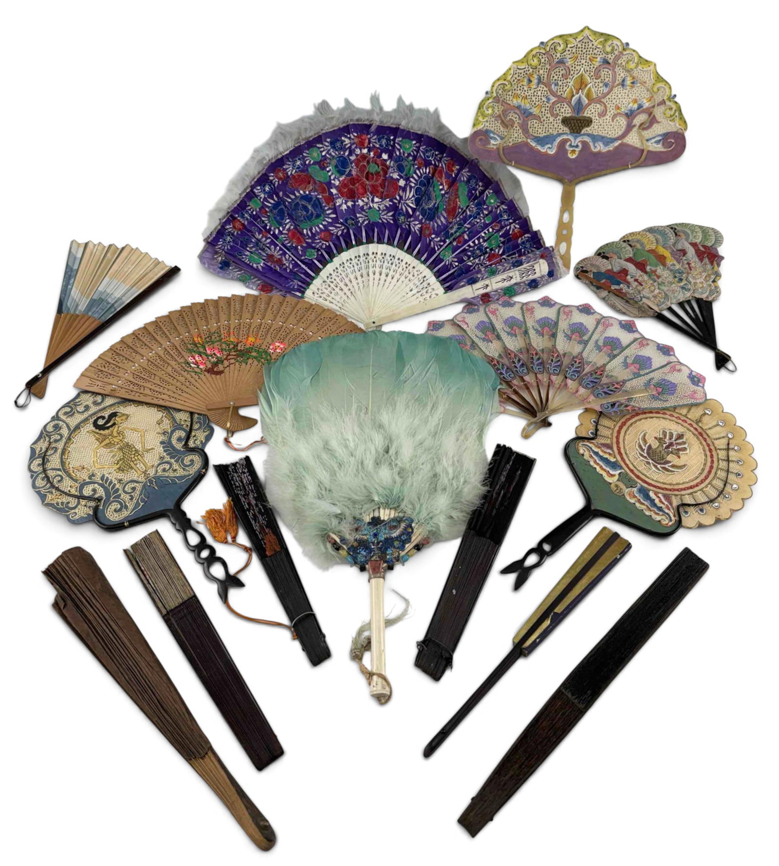 Collection Of Asian Folding & Fixed Form Fans: Collection Of Asian Folding & Fixed Form Fans. Materials include carved and pierced hardwoods, lacquer, paper, textile, and feather, with a range of techniques such as stencil, hand-painting, and reli
