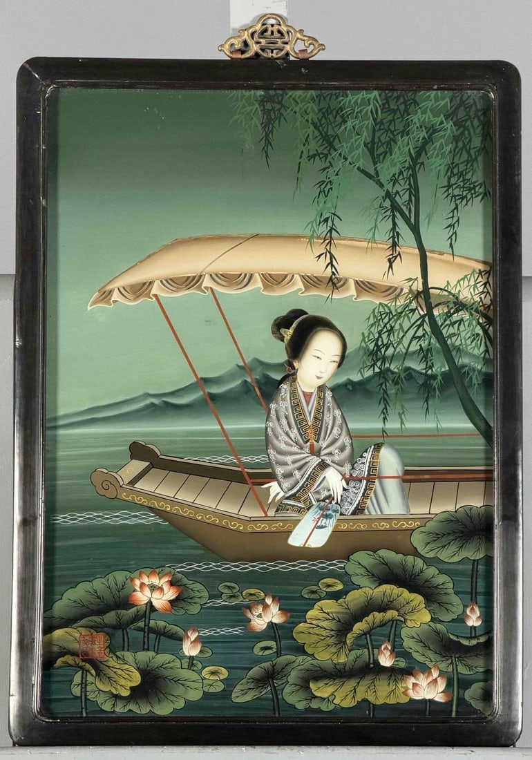 Chinese Reverse Glass Painting, Woman In Boat: Chinese Reverse Glass Painting, Woman In Boat. Signed lower left.