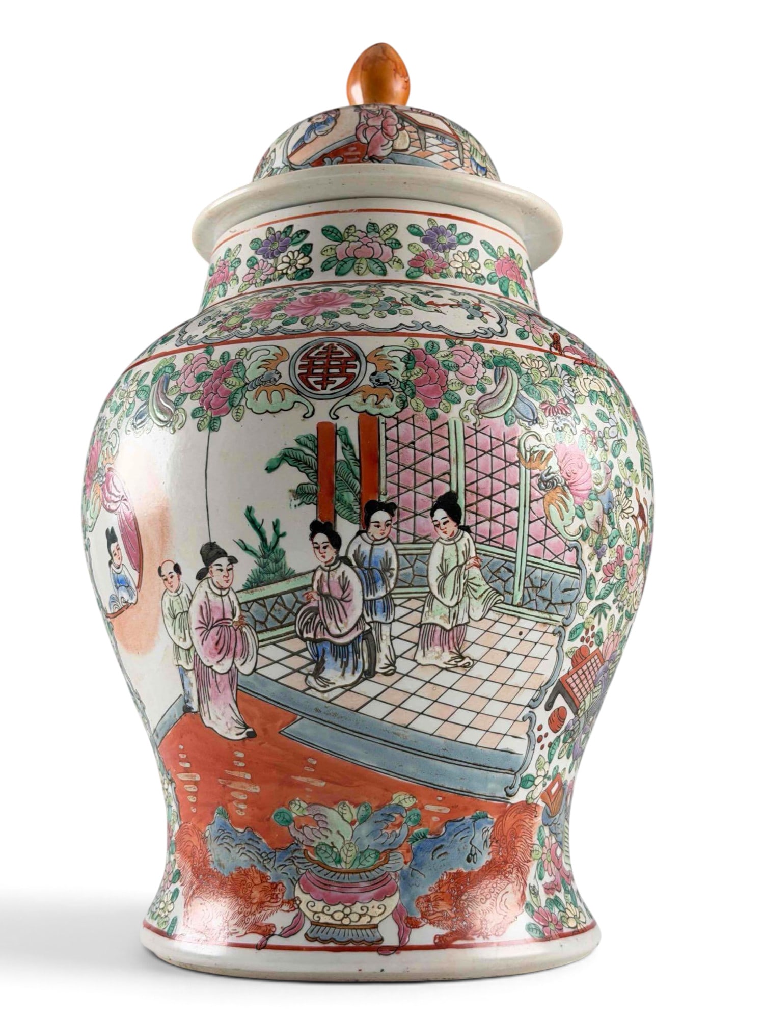 Large Chinese Famille Rose Porcelain Covered Jar: Chinese porcelain covered jar decorated in the Rose Medallion style, with figural courtyard reserves, birds, flowers, fruit, butterflies, auspicious objects, and floral borders in famille rose palette