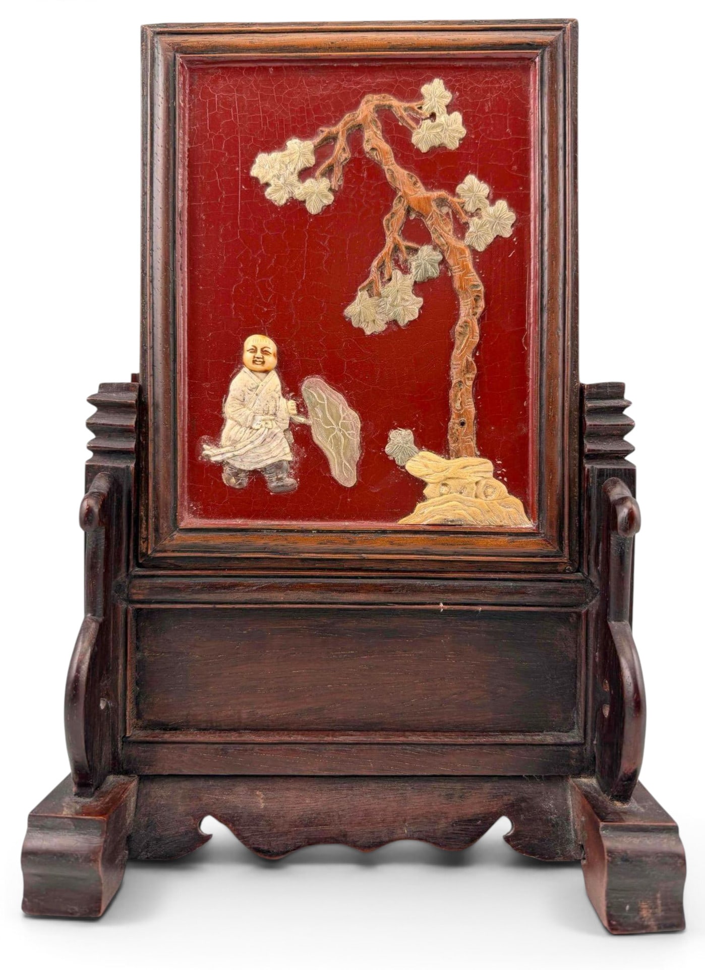 Antique Chinese Inlaid Table Screen: Antique Chinese Inlaid Table Screen. Approximately 12.0H x 8.12W x 3.62D in.