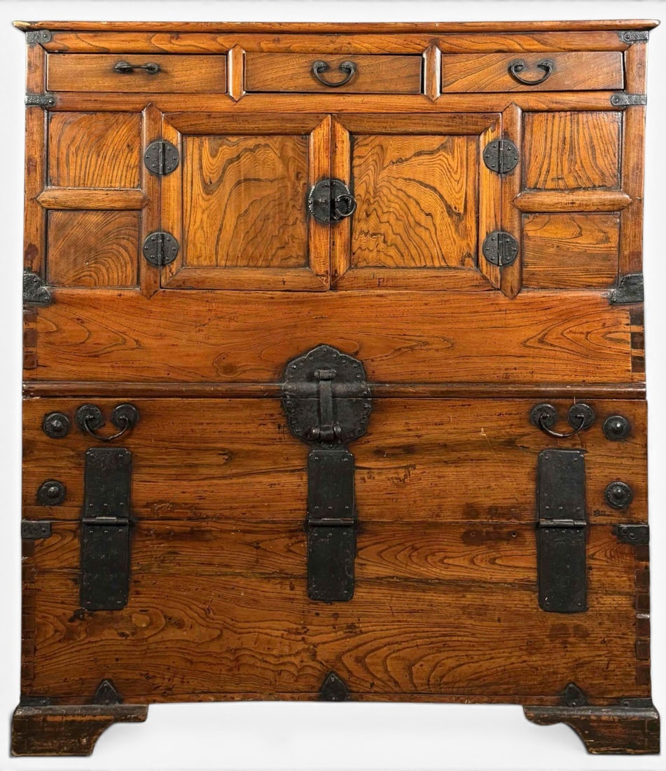 Antique Korean Iron Mounted Bandaji Chest: Antique Korean Iron Mounted Bandaji Chest. Approximately 40.37H x 36.0W x 14.25D in.