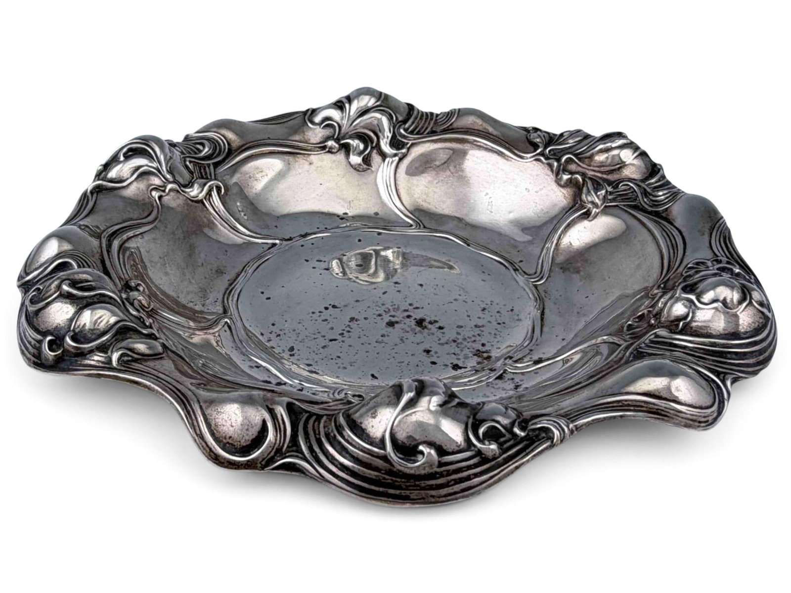 Art Nouveau Sterling Silver Repousse Bowl: Art Nouveau Sterling Silver Repousse Bowl, 97.9g. Marked "Sterling C1070." Approximately 7.0W x 1.37H in. ALL CREDIT CARDS WILL BE MANUALLY VERIFIED PRIOR TO SHIPMENT. Provenance: From the collection