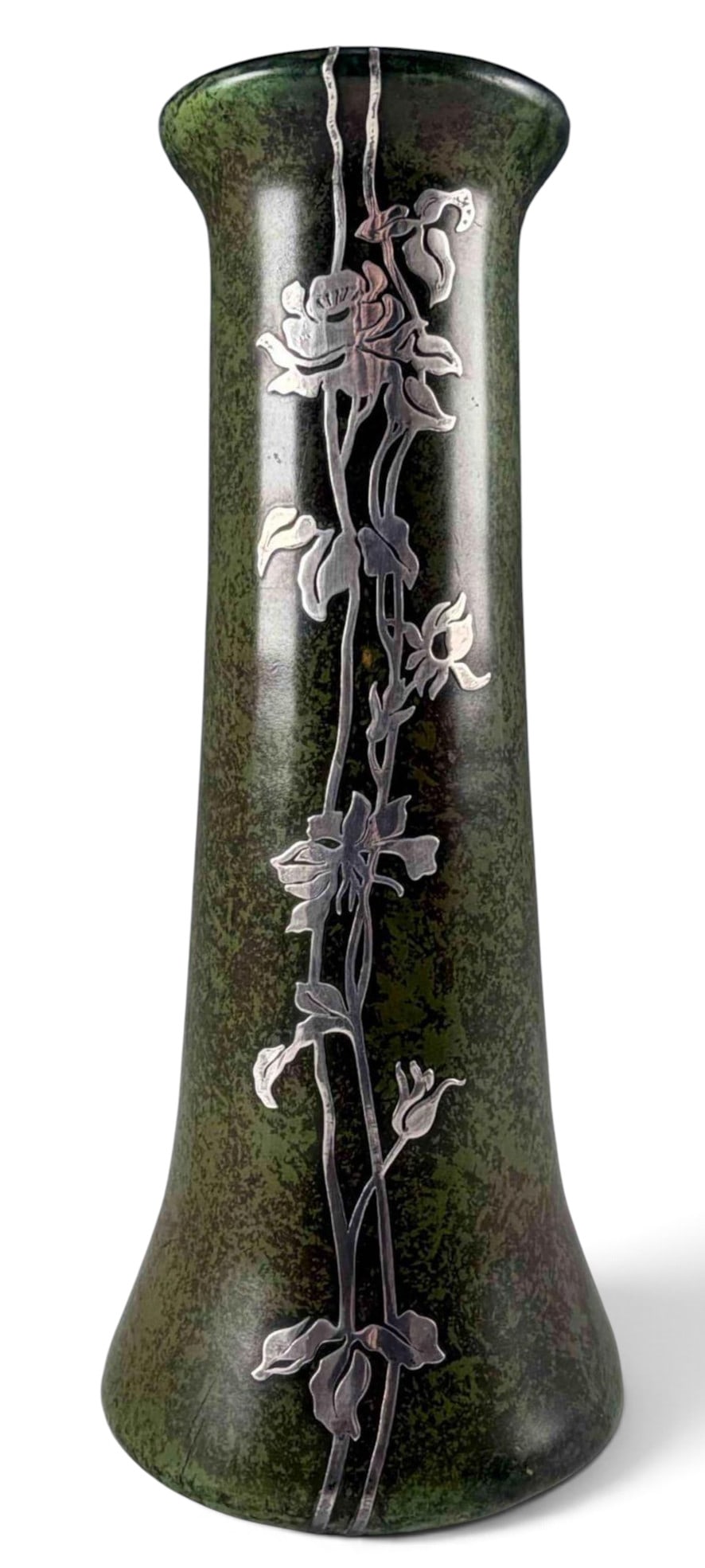 Heintz Sterling On Patinated Bronze Arts & Crafts Vase, c. 1915: Heintz Sterling On Patinated Bronze Arts & Crafts Vase, 3708C, c. 1915. Marked "3708C Sterling on Bronze Pat. Aug.27.12." Christie's label attached at underside. Retailer's mark "Ovington Fifth Ave.