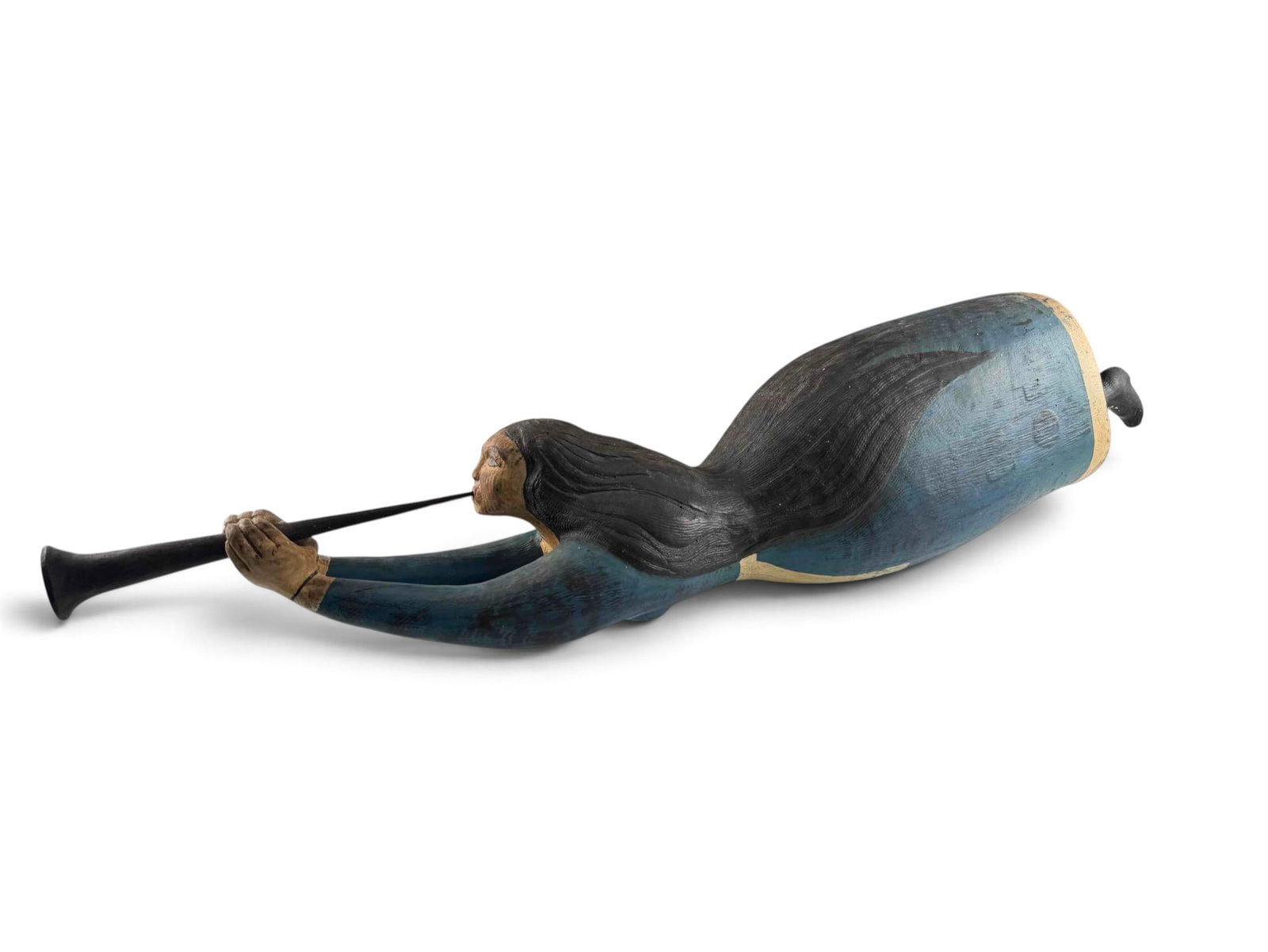 Attributed to James Wegner (Washington, 20th C.), Hand Carved And Painted Folk Art Figure: Attributed to James Wegner (Washington, 20th C.), Hand Carved And Painted Folk Art Figure, Flying Trumpeter. Signed "Wegner." Approximately 42.5L x 8.0H x 7.75W in.