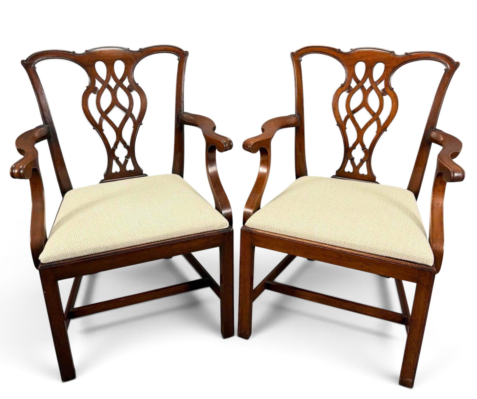 Pair George III Style Mahogany Arm Chairs: Pair George III Style Mahogany Arm Chairs. Each approximately 38.37H x 26.75W x 24.0D in.