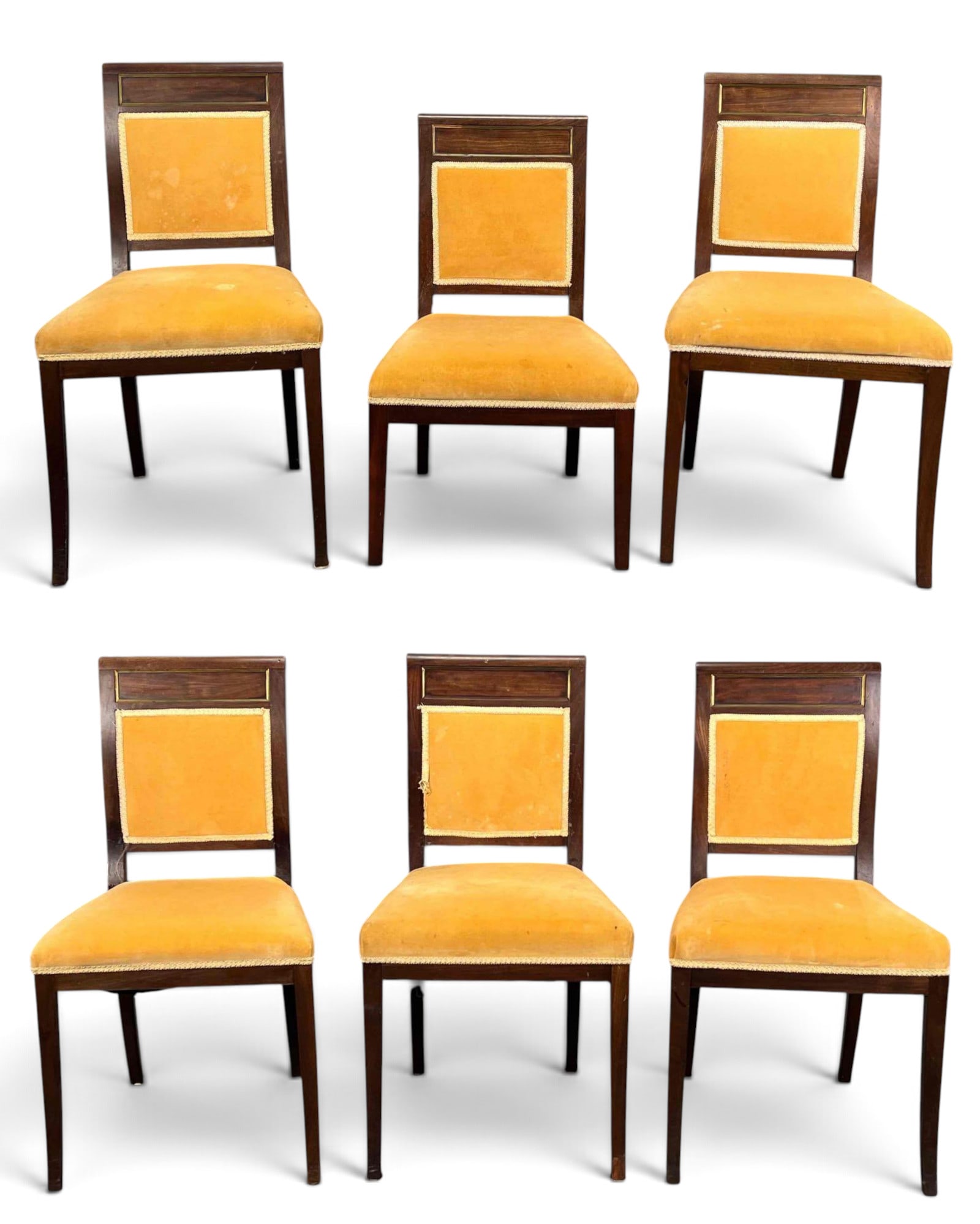 Set Of Six Brass Mounted Empire Style Mahogany Dining Chairs, 19th Century: Set Of Six Brass Mounted Empire Style Mahogany Dining Chairs, 19th Century. Approximately 35.5H x 19.0W x 18.5D in. One chair has been lowered to height of 31.25in.