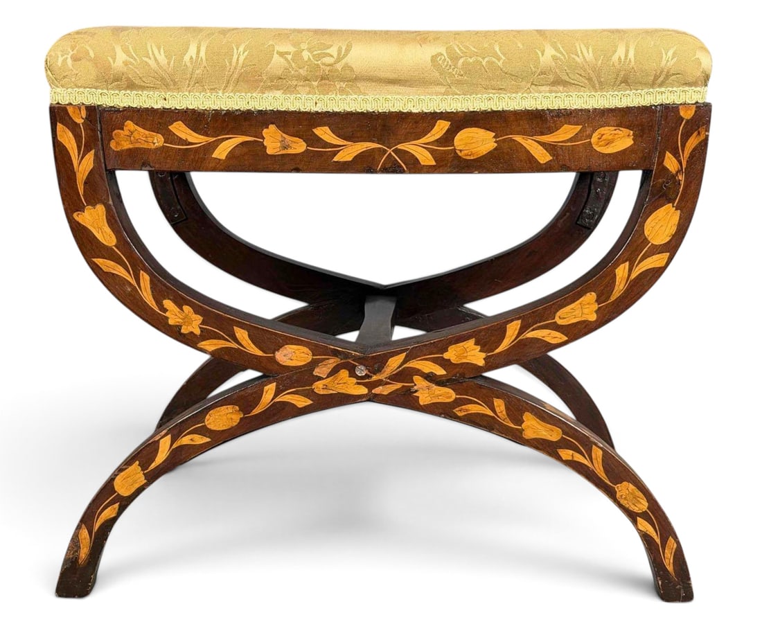 Antique Dutch Tulip Marquetry Curule Stool: Antique Dutch Tulip Marquetry Curule Stool. Approximately 19.5H x 21.5W x 16.5D in.