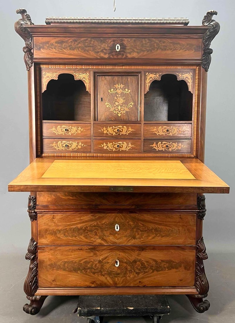 Mid-19th Century Danish Biedermeier- Influenced Secretary With Inlaid Interior: Mid-19th Century Danish Biedermeier- Influenced Secretary With Inlaid Interior. Features a flame mahogany veneered case with mother-of-pearl escutcheons, scroll-form feet, and a fitted interior with o