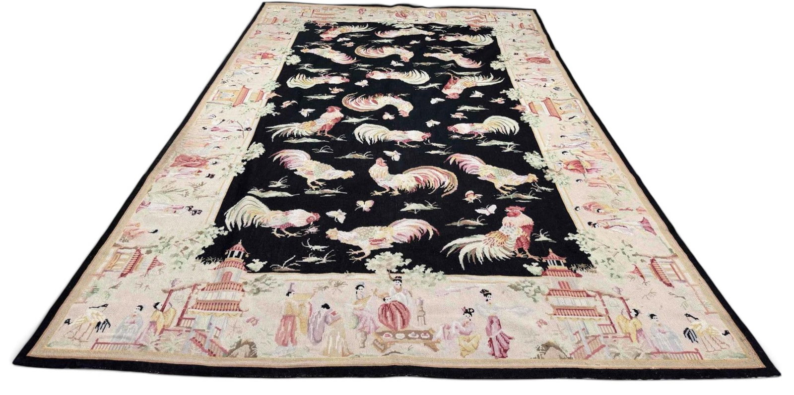 Chinoiserie Needlepoint Rug, Rooster & Grasshopper Motif: Chinoiserie Needlepoint Rug, Rooster & Grasshopper Motif. Approximately 8.66L x 5.5W ft. (Approximately 104.0L x 66.0W in.)