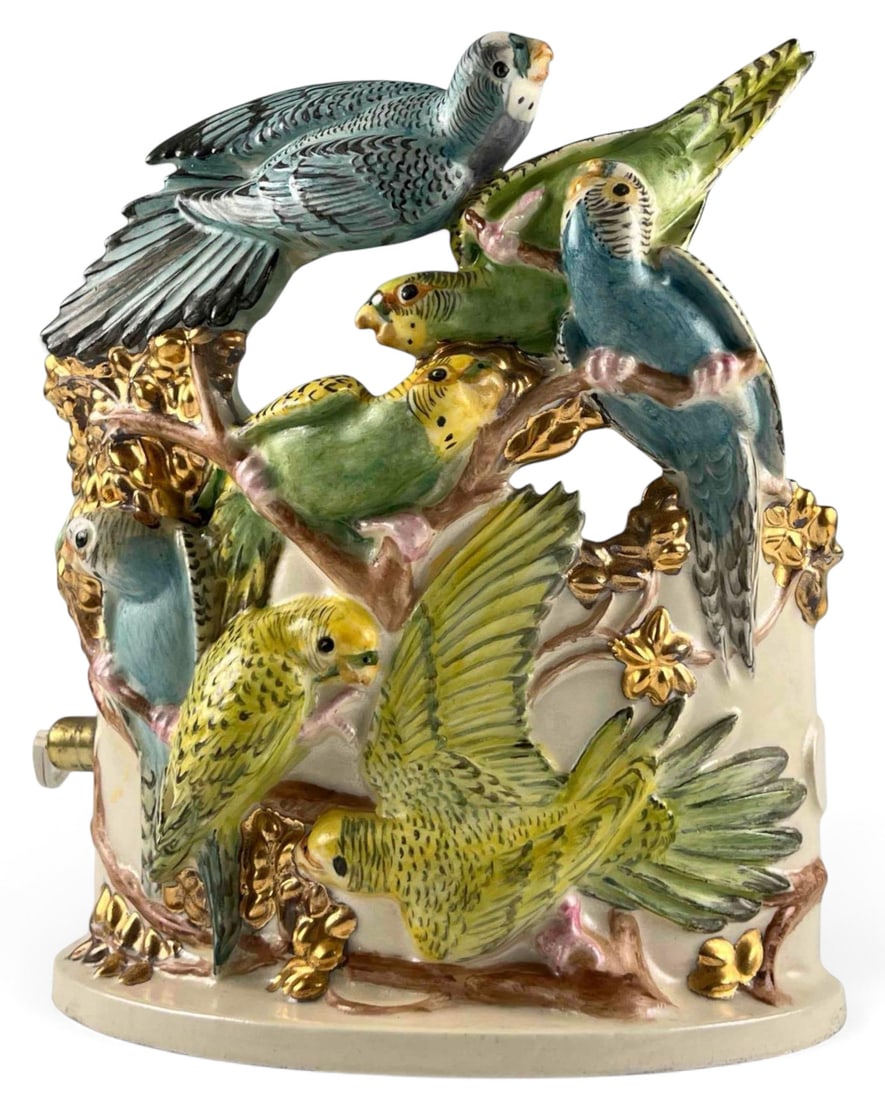 Mid Century Hand Painted Ceramic Parakeet Lamp: Mid Century Hand Painted Ceramic Parakeet Lamp. Approximately 9.5H x 8.375W x 5.5D in.
