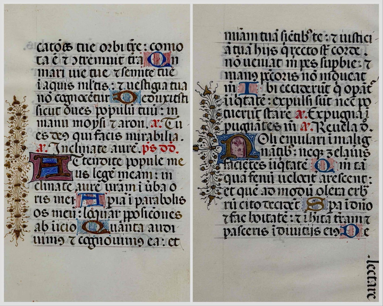 Two Illuminated Medieval Manuscript Leaves on Vellum: Two illuminated manuscript leaves on vellum, likely from a Latin religious text or Book of Hours, each with Gothic script in black ink and initials heightened in red, blue, and gold. Each leaf feature