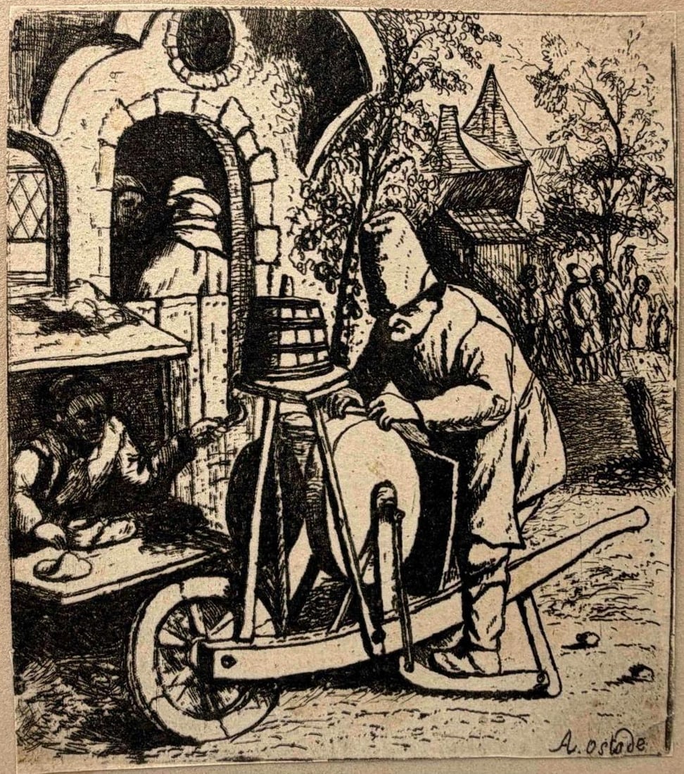 Adriaen Van Ostade (Dutch, 1610-1685), The Knife Grinder, Etching On Paper: Adriaen Van Ostade (Dutch, 1610-1685), The Knife Grinder, Etching On Paper. Signed in plate, lower right. Approximately 3.25H x 2.87W in. Affixed at corners to slightly larger sheet, approximately 3.7