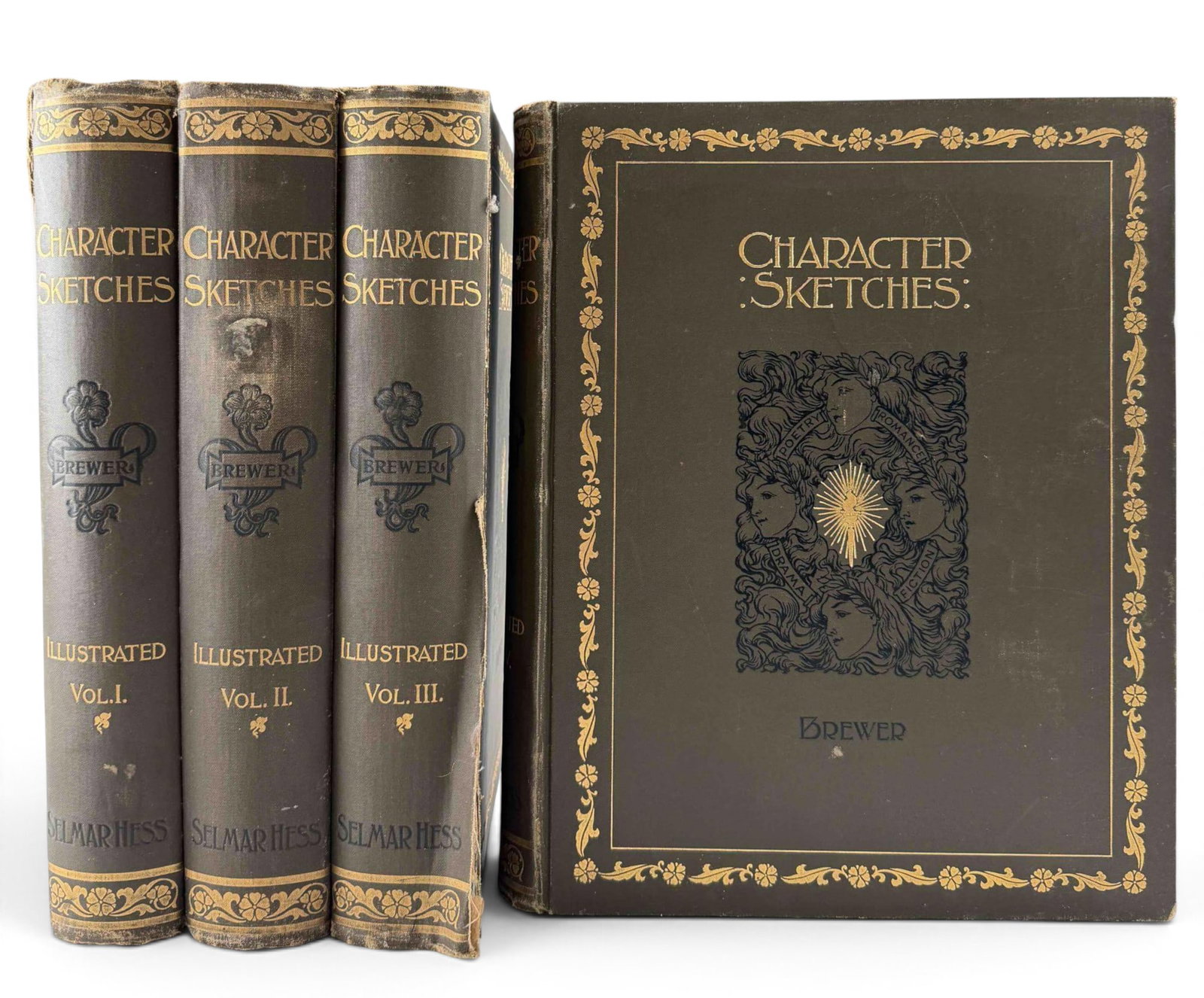 Character Sketches of Romance, Fiction & the Drama, 4 Volume Set, 1892: Character Sketches of Romance, Fiction, and the Drama, E. Cobham Brewer, edited by Marion Harland, Selmar Hess, New York, 1892. complete Four-volume set. Each volume approximately 12.0H x 9.75W x 1.75