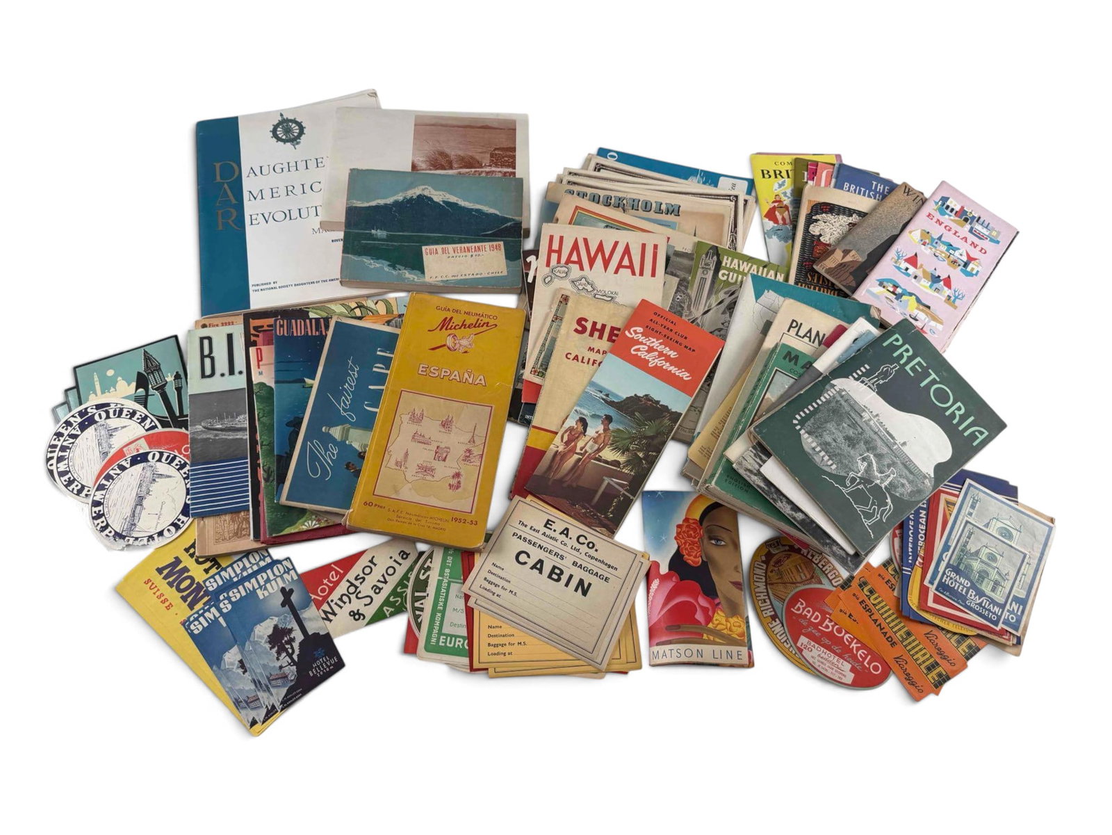 Collection Of Travel Ephemera, Ca. 1940s-1960s: Collection Of Travel Ephemera, Ca. 1940s-1960s. Includes Matson Line Hawaii luggage tags in envelope, "Fishes of Hawaii" Honolulu Aquarium fold out souvenir, (9) Hawaii maps and travel guides, large c