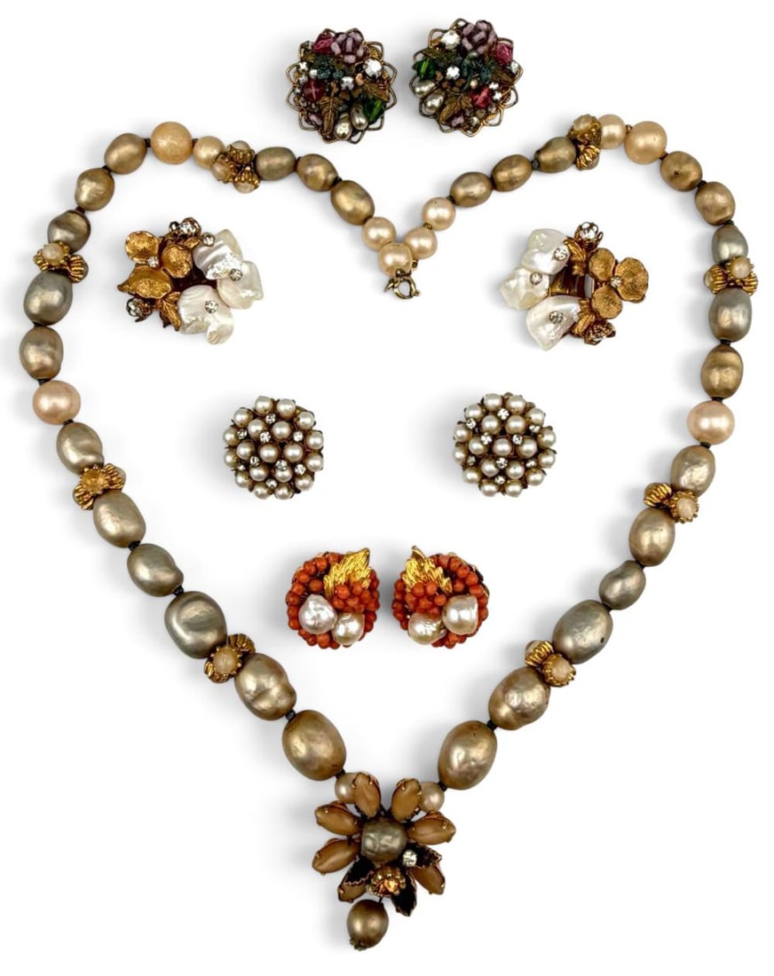 Robert DeMario Earclips & Faux Pearl Necklace: Robert DeMario Earclips & Faux Pearl Necklace. Ear clips signed "DeMario" and "DeMario N.Y." Necklace unsigned. Necklace length approximately 20.5in. Largest earclips approximately 1.0in. Smallest