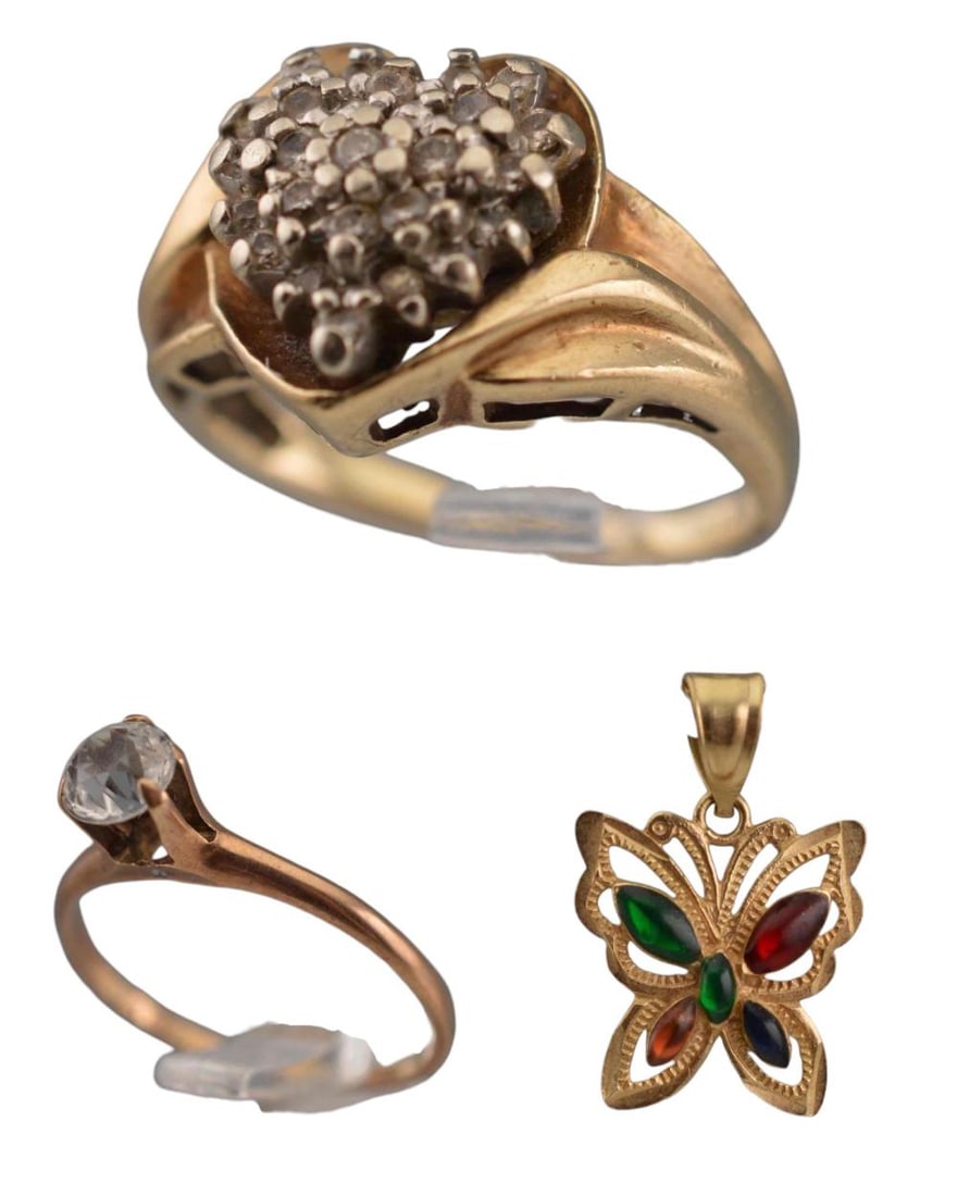 10k Gold Diamond, White Sapphire, and Multicolor Stones Rings & Butterfly Pendant: 10k Gold Diamond, White Sapphire, and Multicolor Stones Rings & Butterfly Pendant, 5.7g. White sapphire solitare sz. 6, diamond heart ring sz. 4. Butterfly pendent approximately 13.8L x 13.4W mm. ALL