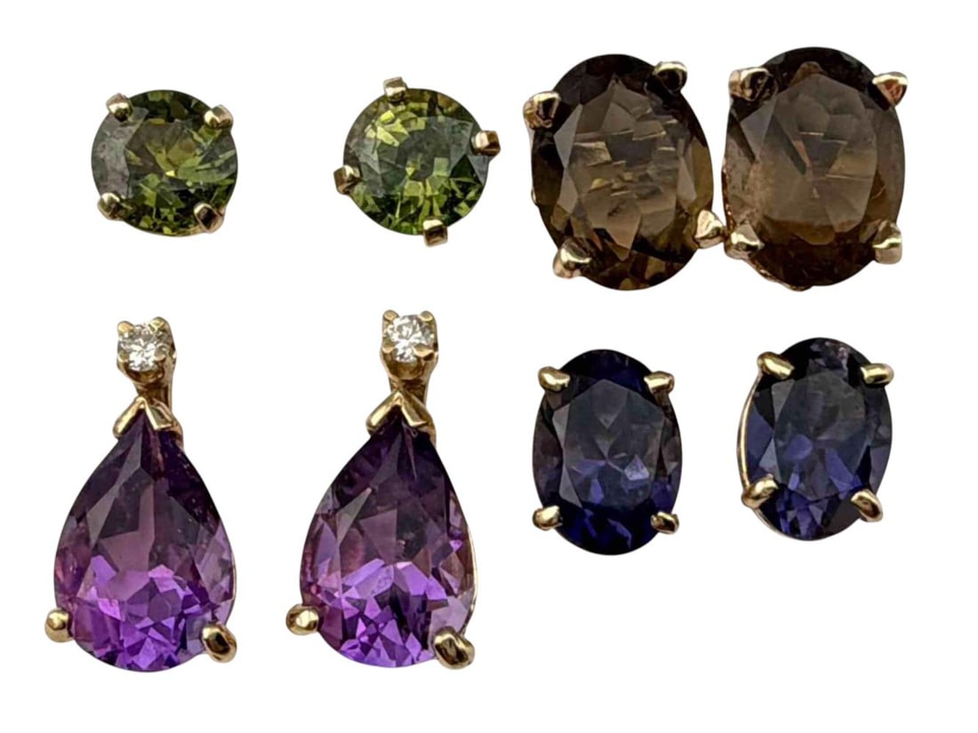 14K Gem Set Earrings: 14K Gem Set Earrings, 5.2g. Includes 14K Amethyst and Diamond earrings; Peridot; Smokey Quartz; and Iolite Earrings. Marked or test as 14K. Amethyst and diamond earrings approximately 12.1 x 6.5mm.