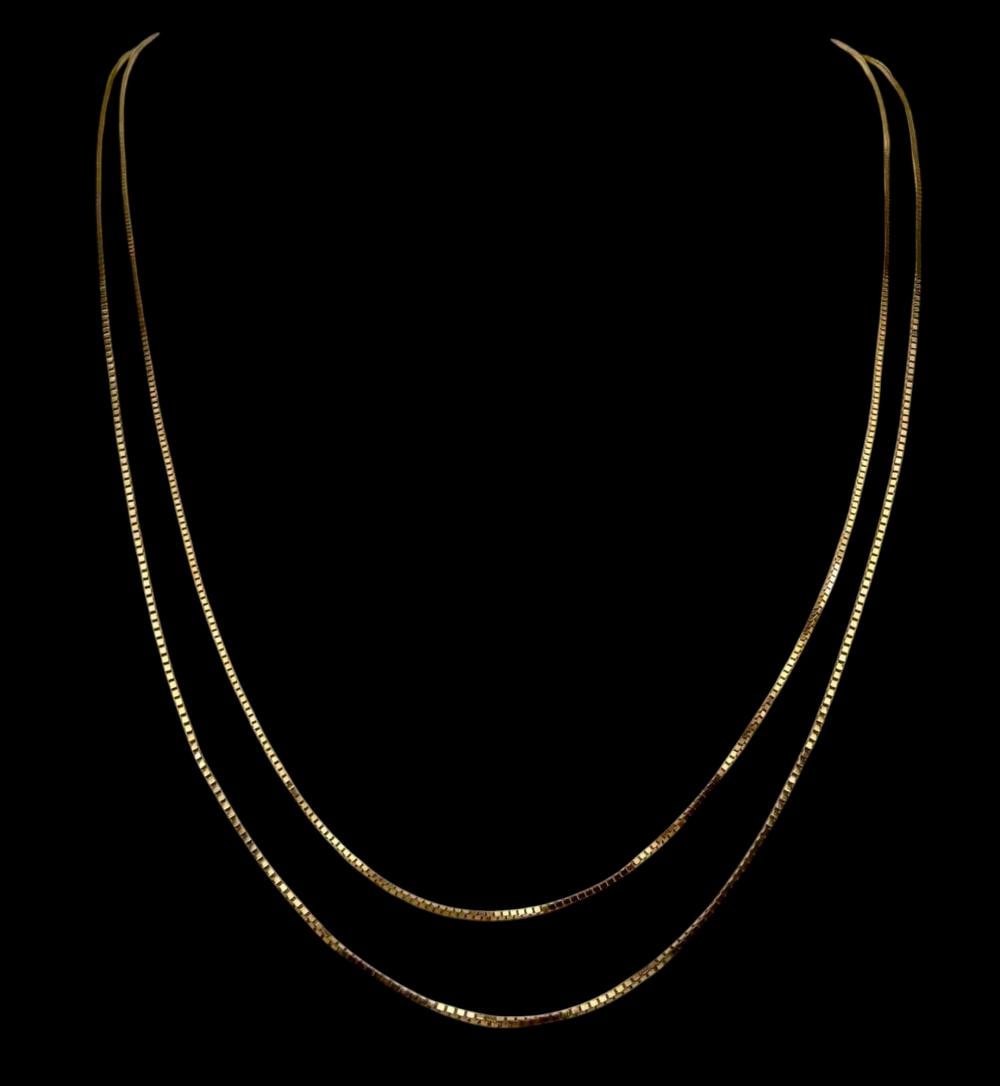 Two 14k Gold Italian Box Chains: Two 14k Gold Italian Box Chains,4.2g. Approximately 20.12in. and 21.25in. ALL CREDIT CARDS WILL BE MANUALLY VERIFIED PRIOR TO SHIPMENT.