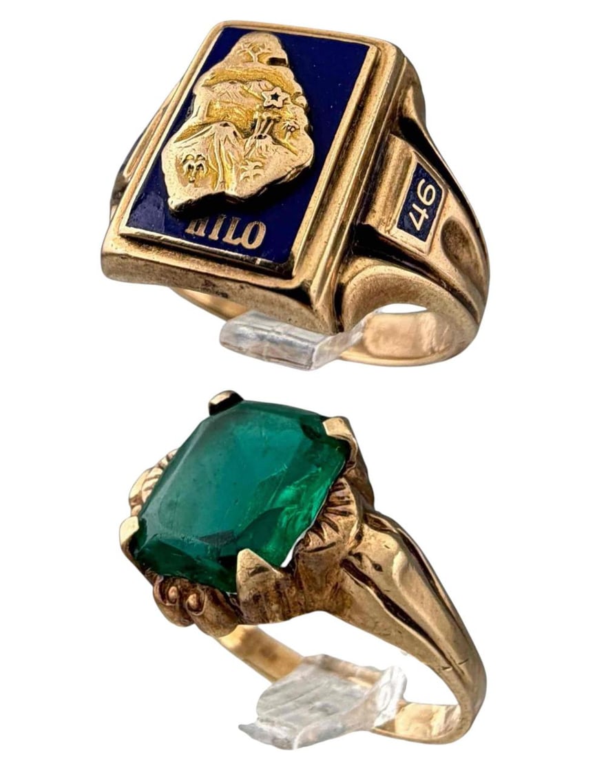 Two Vintage 10K Gold Rings: Two Vintage 10K Gold Rings, 8.0g total weight. Marked "10K." Includes Hilo High School Hawaii 1946 class ring and vintage simulated emerald ring. Hilo class ring approximate size 6. Simulated emerald