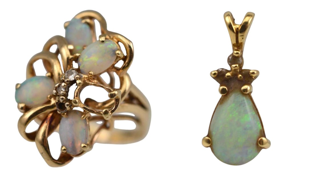 14k Opal Ring & Pendant: 14k Opal Ring & Pendant, 6.1g. Ring front approximately 23.2 x 15.5mm. Approximate ring size 6.25. Pendant approximately 16.3 x 7.3mm. Measurements include bale. ALL CREDIT CARDS WILL BE MANUALLY