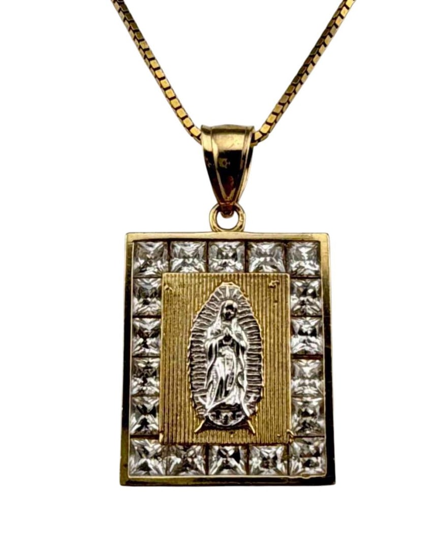 14k Our Lady of Guadalupe Necklace: 14k Our Lady of Guadalupe CZ Necklace, 7.5g. Chain length approximately 24.0in. 1.12L x 0.66W in. Measuements include bale. ALL CREDIT CARDS WILL BE MANUALLY VERIFIED PRIOR TO SHIPMENT.