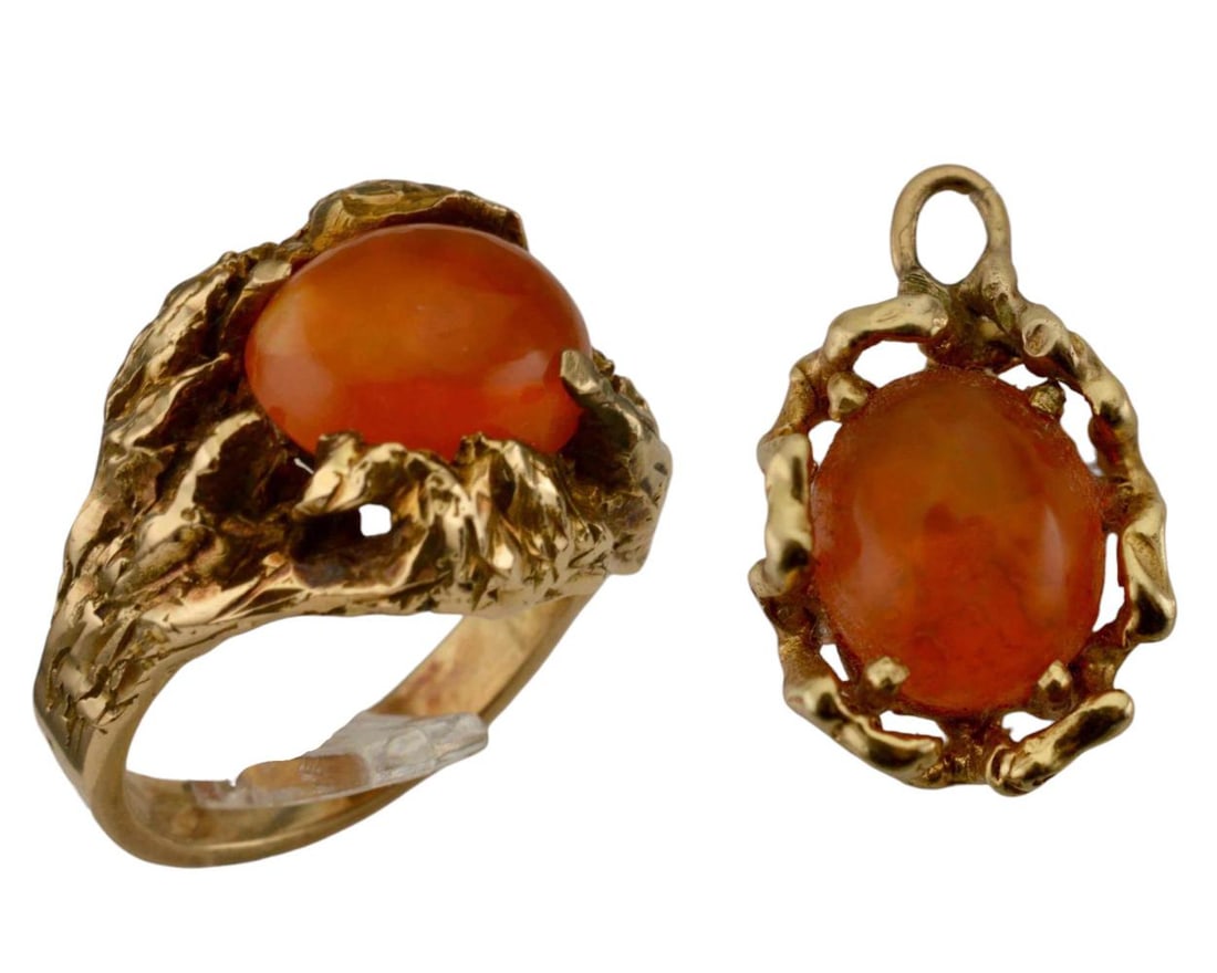 14K Vintage Mexican Fire Opal & Pendant: 14K Vintage Mexican Fire Opal & Pendant, 10.6g. Approximate Ring Size 5.25. Marked "14K." Pendant approximately 11.1W x 13.1L mm. ALL CREDIT CARDS WILL BE MANUALLY VERIFIED PRIOR TO SHIPMENT.