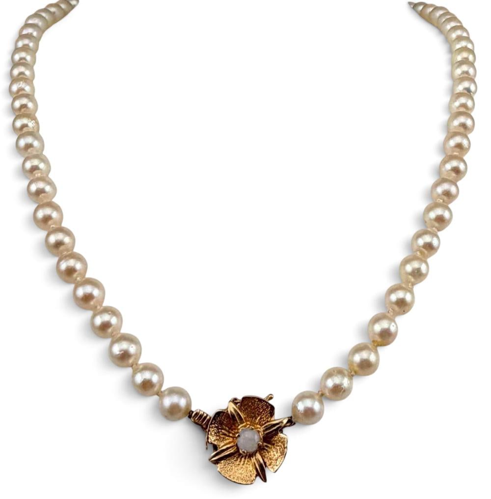 Hand Knotted Pearl Necklace with 14k & Opal Clasp (1 of 5)