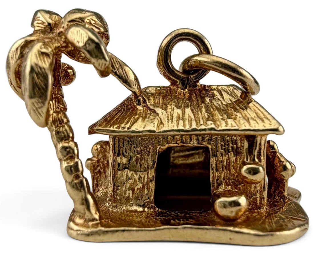14k Tropical Grass Hut Charm: 14k Grass Hut With Palm Tree Charm, 4.6g. Approximately 14.0 x 19.4mm. ALL CREDIT CARDS WILL BE MANUALLY VERIFIED PRIOR TO SHIPMENT.