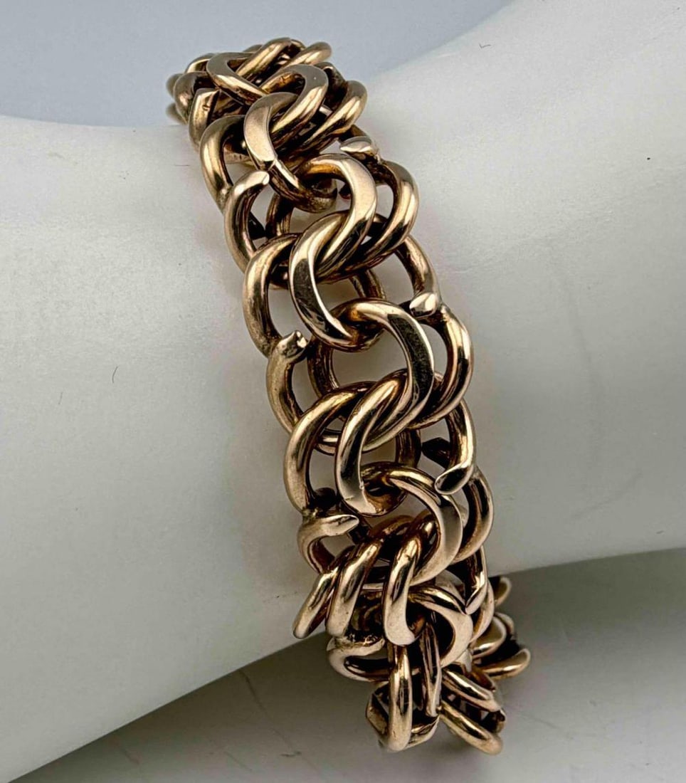 14k Double Rolo Link Charm Bracelet: 14k Double Rolo Link Charm Bracelet with box clasp & safety chain, 34.2g. Inner circumference approximately 6.75in. ALL CREDIT CARDS WILL BE MANUALLY VERIFIED PRIOR TO SHIPMENT.
