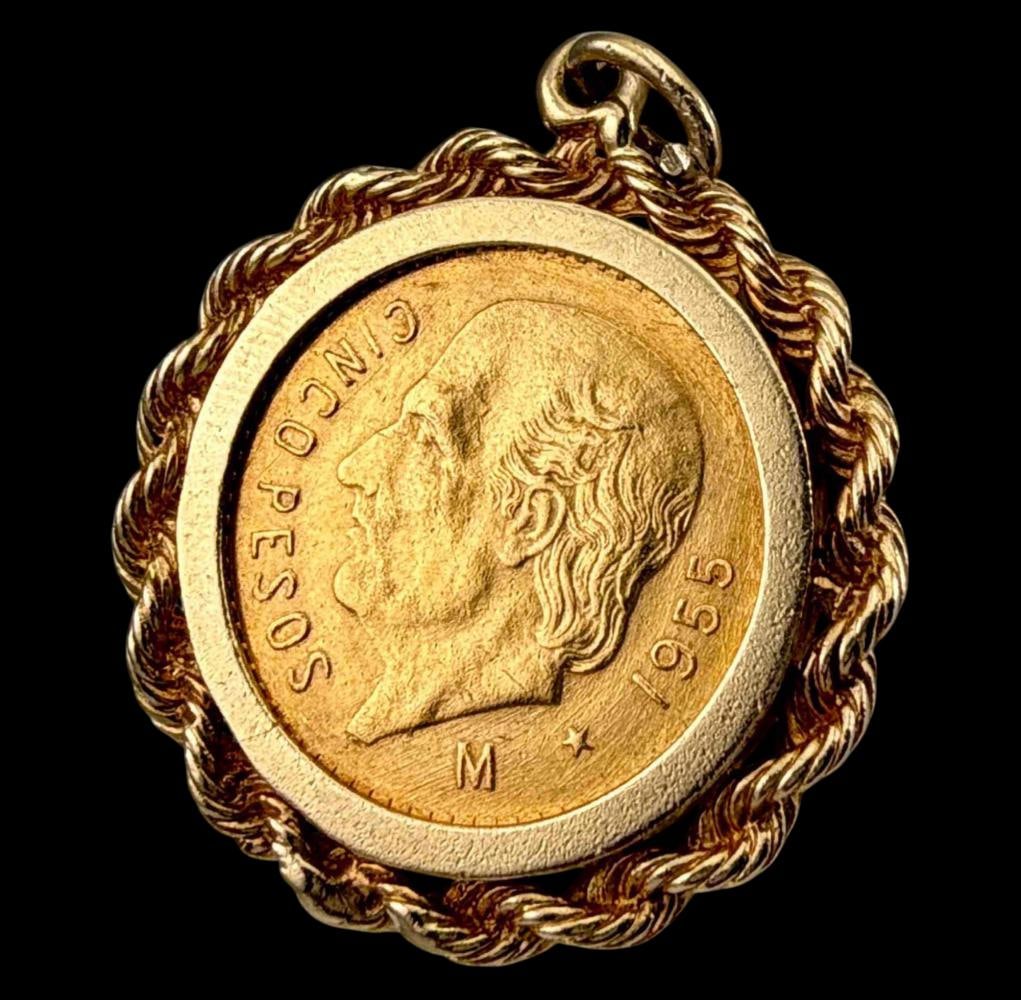1955 Gold Cenco Pesos Coin set in 14k Gold Bezel: 1955 Five Pesos Gold Coin, set in 14k Gold Bezel, Charm or Pendant 8.0g. Pendant approximately 25.2mm. Coin approximately 18.6mm. ALL CREDIT CARDS WILL BE MANUALLY VERIFIED PRIOR TO SHIPMENT.