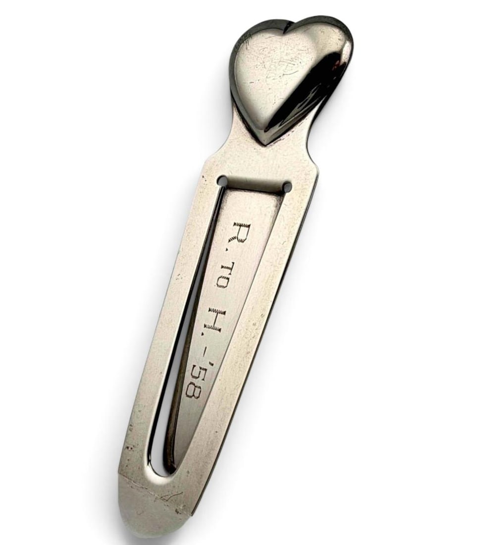 Tiffany & Company Sterling Silver Heart Bookmark: Tiffany & Company Sterling Silver Heart Bookmark, 10.9g. Marked "Tiffany & Co. Makers Sterling L." Inscribed "R. to H.-58." Approximately 3.25L x 0.75W in. ALL CREDIT CARDS WILL BE MANUALLY VERIFIED