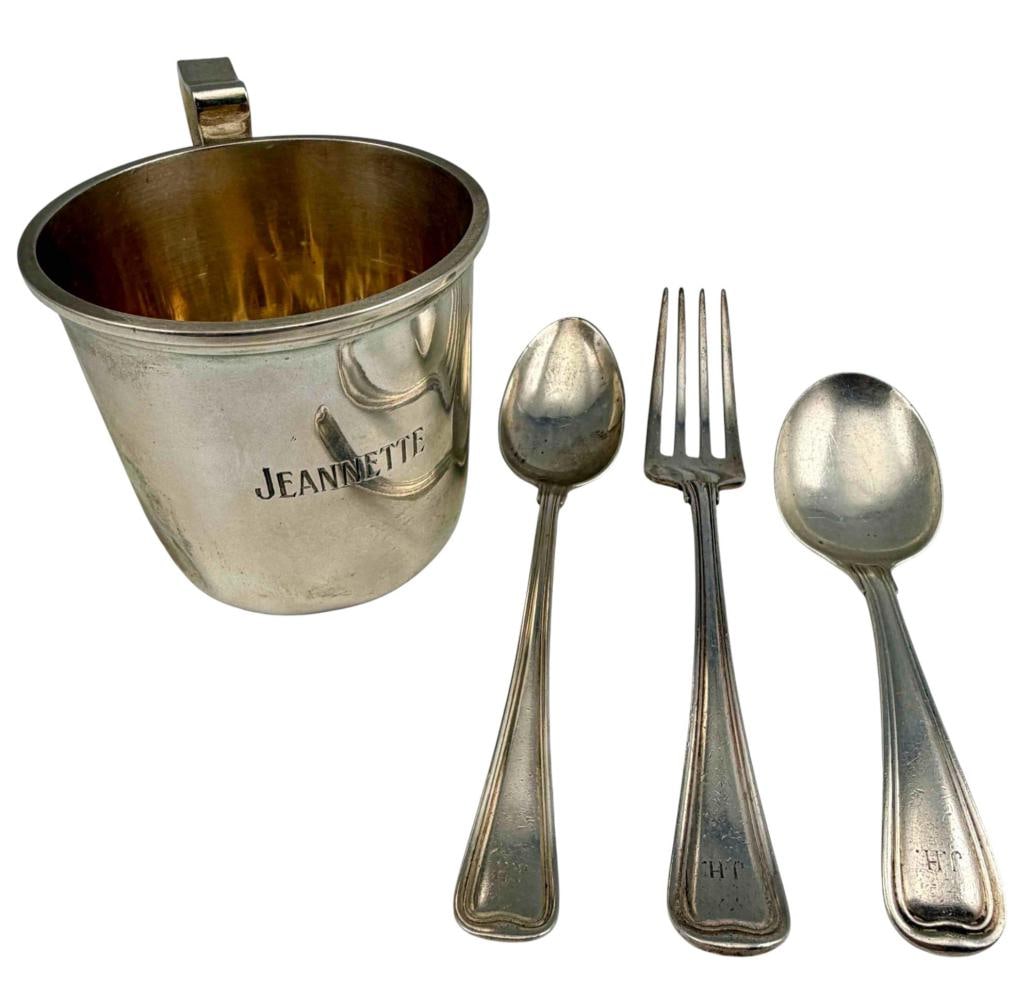 Sterling Silver Baby Cup & Flatware: Sterling Silver Baby Cup & Flatware, 199.0g. Cup marked "S. Kirk & Son Inc. Sterling 4100," inscribed "Jeanette." Flatware marked "Sterling PAT. 1904," with Gorham makers marks. Cup approximately 3.0H
