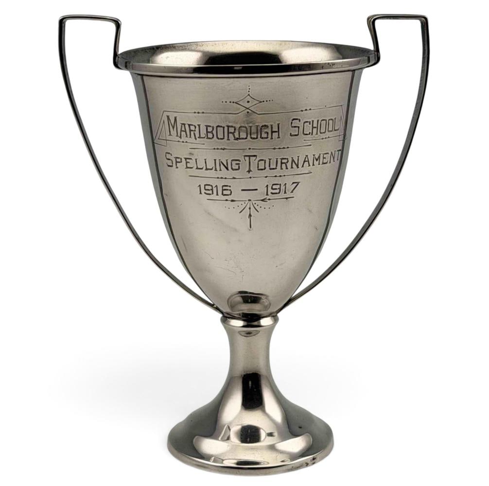 Antique Sterling Silver Spelling Bee Trophy: Antique Sterling Silver Spelling Bee Trophy, 49.6g. Marked "Sterling, 925/1000 FINE 1271C." Inscribed "Marlborough School Spelling Tournament 1916-1917 Won by October Catherine Cheney/ November Grace