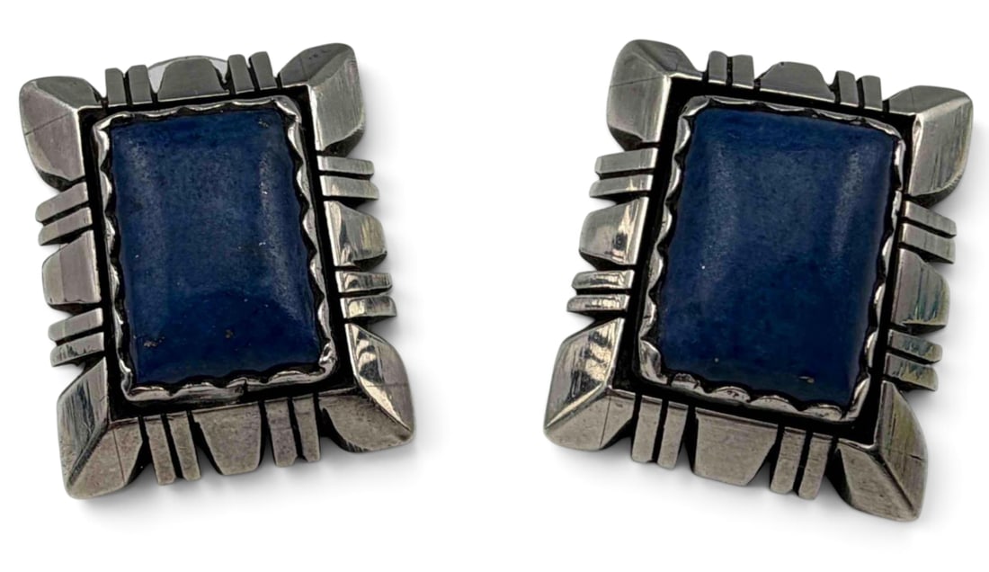 Vintage Carl Quintana Sterling Silver Lapis Earrings: Vintage Carl Quintana Sterling Silver Lapis Earrings, 15.2g. Signed, marked "Sterling." Approximately 22.0 x 17.8 mm. Earring backs are not sterling.