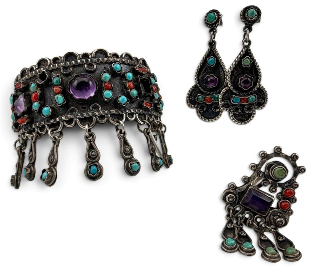 Vintage Taxco Sterling Silver Amethyst, Turquoise & Coral Cuff & Earrings: Vintage Taxco Sterling Silver Amethyst, Turquoise & Coral Cuff & Earrings. 68.2g. Bracelet inner cuff approximately 5.25in. Cuff break approximately 1.25in. Width approximately 1.86in. (including turq