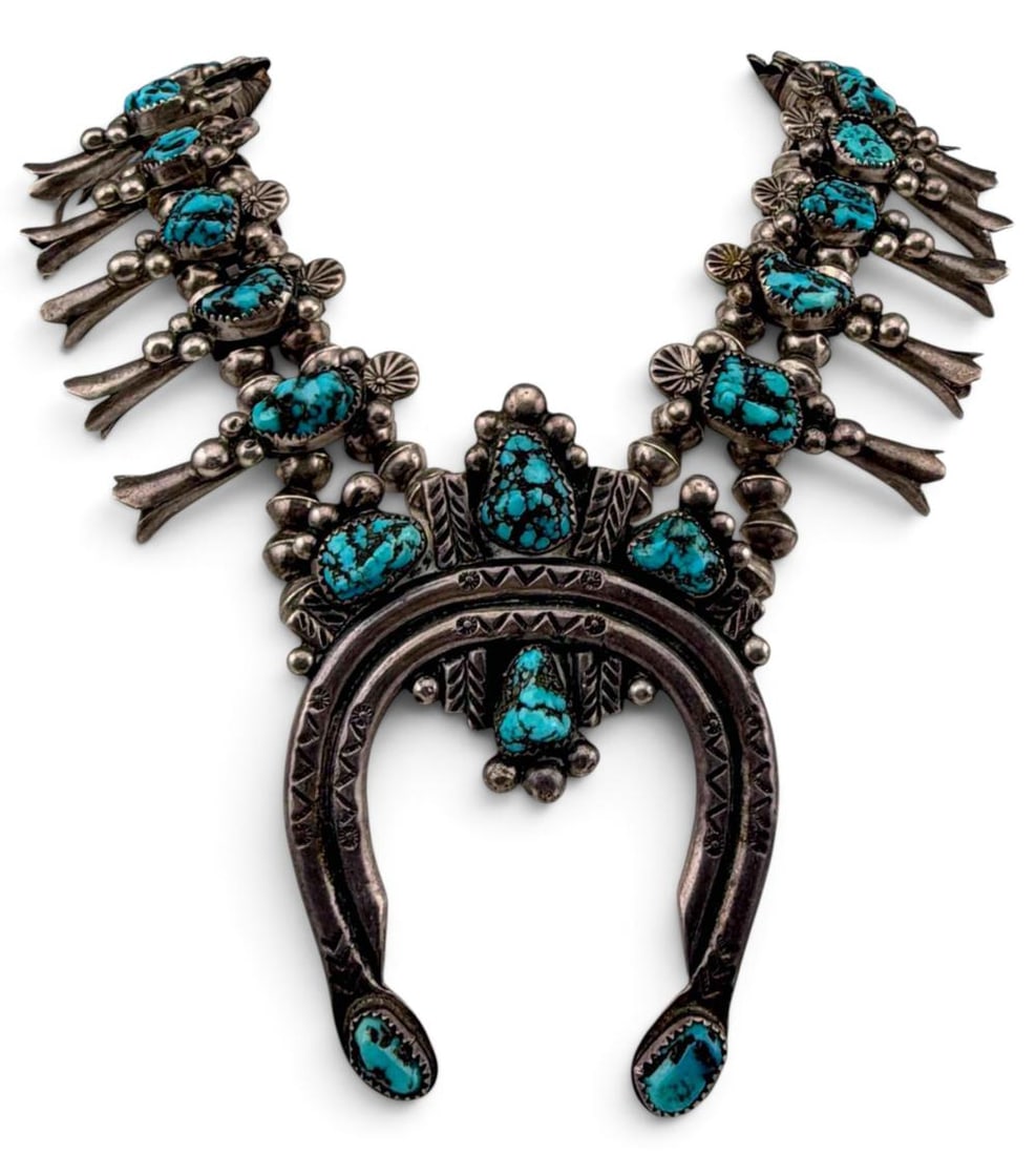 Jimmy Long (Navajo, Dine') Sterling Silver Double Strand Turquoise Squash Blossom Necklace (1 of 7)