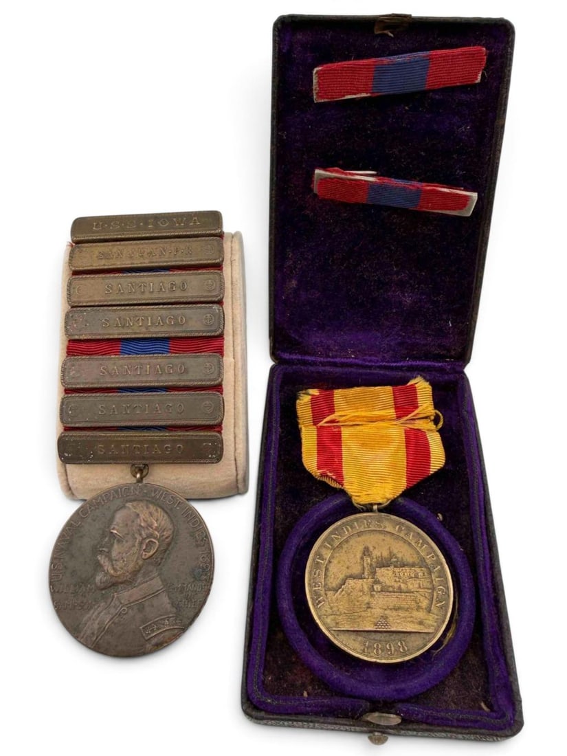 Spanish-American War USN, West Indies Named U.S.S. Iowa Sampson Medal & Campaign Medal: Spanish-American War Sampson Medal & Campaign Medal. Lieut. John Maddison Orchard on medal edge. U.S.S. Iowa Suspension bar above West Indies Campaign 1898 medallion featuring places & dates. West Ind