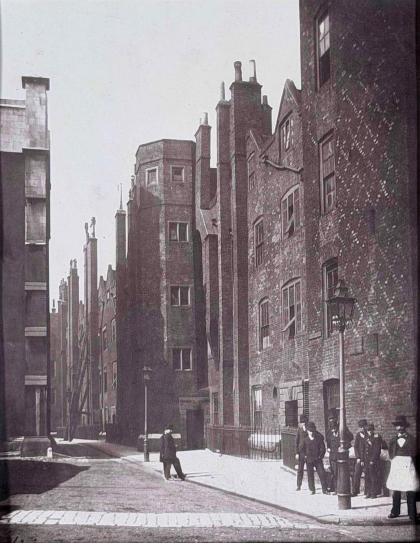 Society For Photographing Relics Of Old London, Lincoln's Inn: Old Square, c. 1876: Lincoln's Inn: Old Square, carbon print mounted on printed blue-gray card, published by The Society for Photographing Relics of Old London. Mount printed "The Society for Photographing Relics of Old L