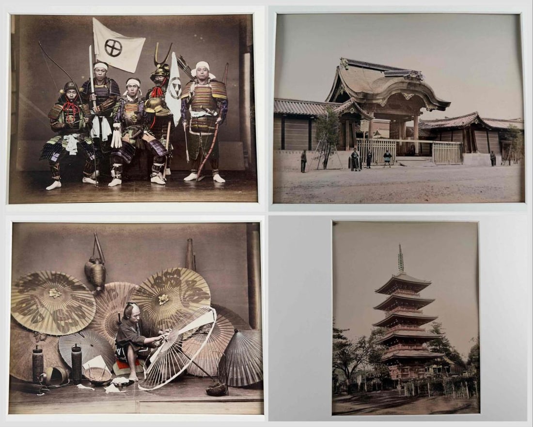 Attributed To Kusakabe Kimbei (Japanese, 1841-1934) Hand-Colored Japanese Albumen Photographs: Attributed To Kusakabe Kimbei / Kimbei Studio, four antique Japanese hand-colored albumen photographs , late 19th century, mounted to the front and back of two cardstock mounts. Includes a studio imag