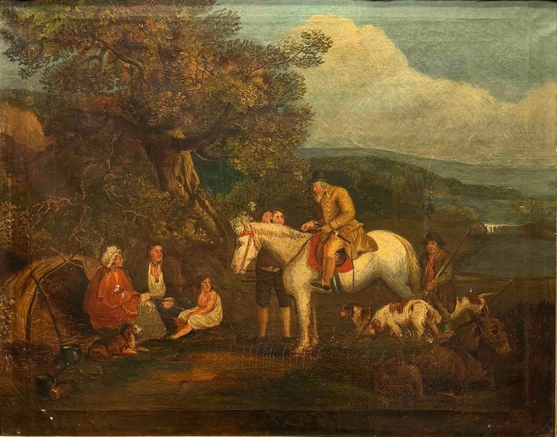 After George Morland (English, 1763-1804), Morning or The Benevolent Sportsman, Oil On Canvas: After George Morland (English, 1763-1804), Morning or The Benevolent Sportsman, Oil On Canvas, 19th C. Frame approximately 29.75W x 24.75H x 1.75D in. Sight approximately 24.5W x 19.5H in.