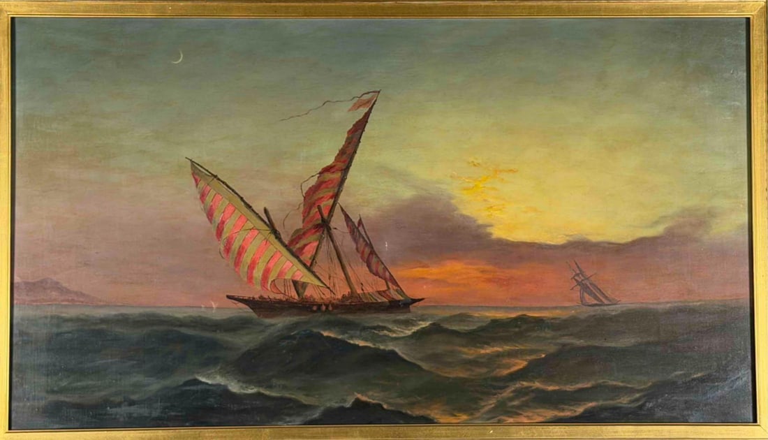Maritime Painting, Sailing Vessel at Sunset, Oil on Canvas, Late 19th/Early 20th Century: Late 19th or early 20th century maritime oil on canvas depicting a sailing vessel with striped sails crossing a choppy sea at sunset, with a second ship in the distance beneath a crescent moon. Unsign