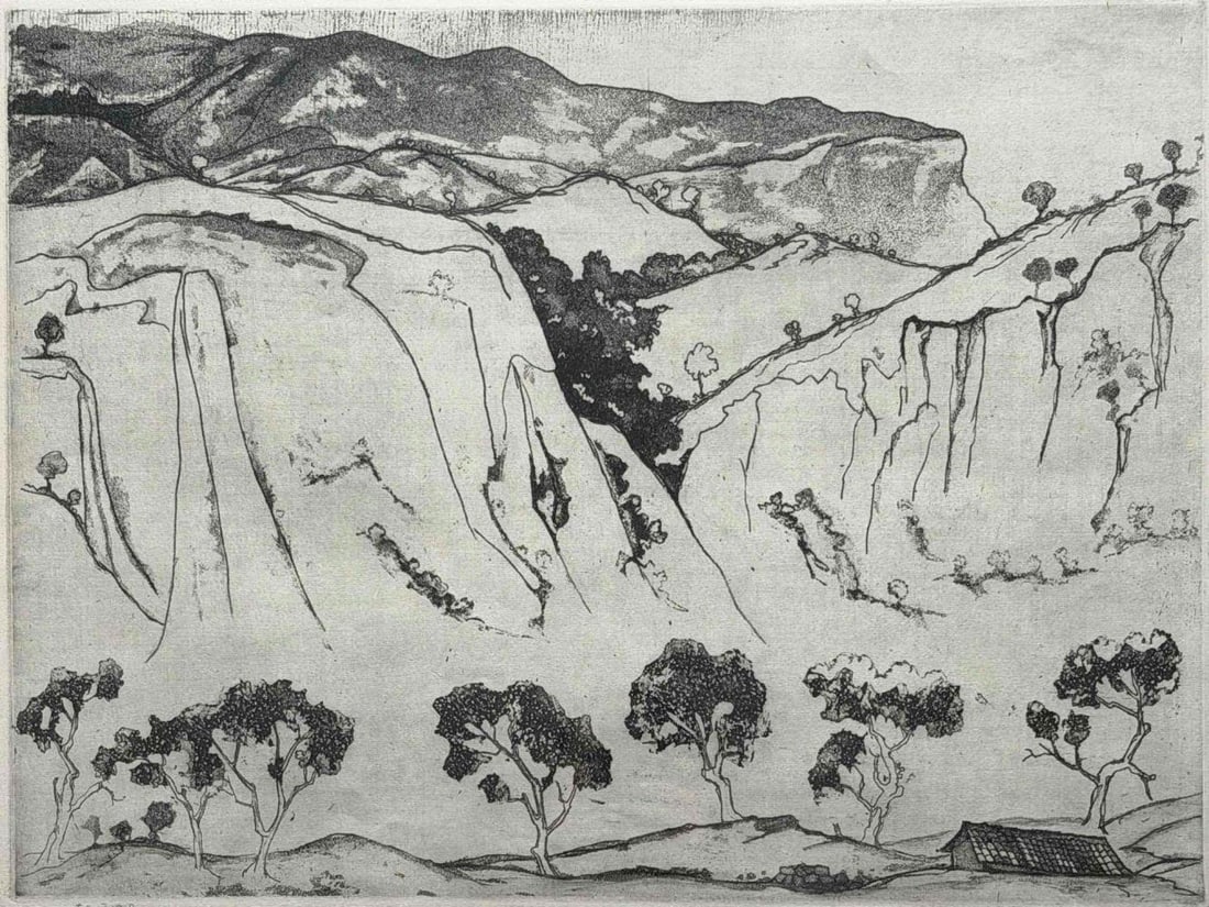 Carl Lewis Pappe (American, 1900-1998), Monta?as, Etching With Aquatint: Carl Lewis Pappe (American, 1900-1998), Monta?as, Etching With Aquatint. Signed lower right. Frame approximately 26.0H x 31.0W x 1.25D in. Image approximately 17.5H x 23.5W in.
